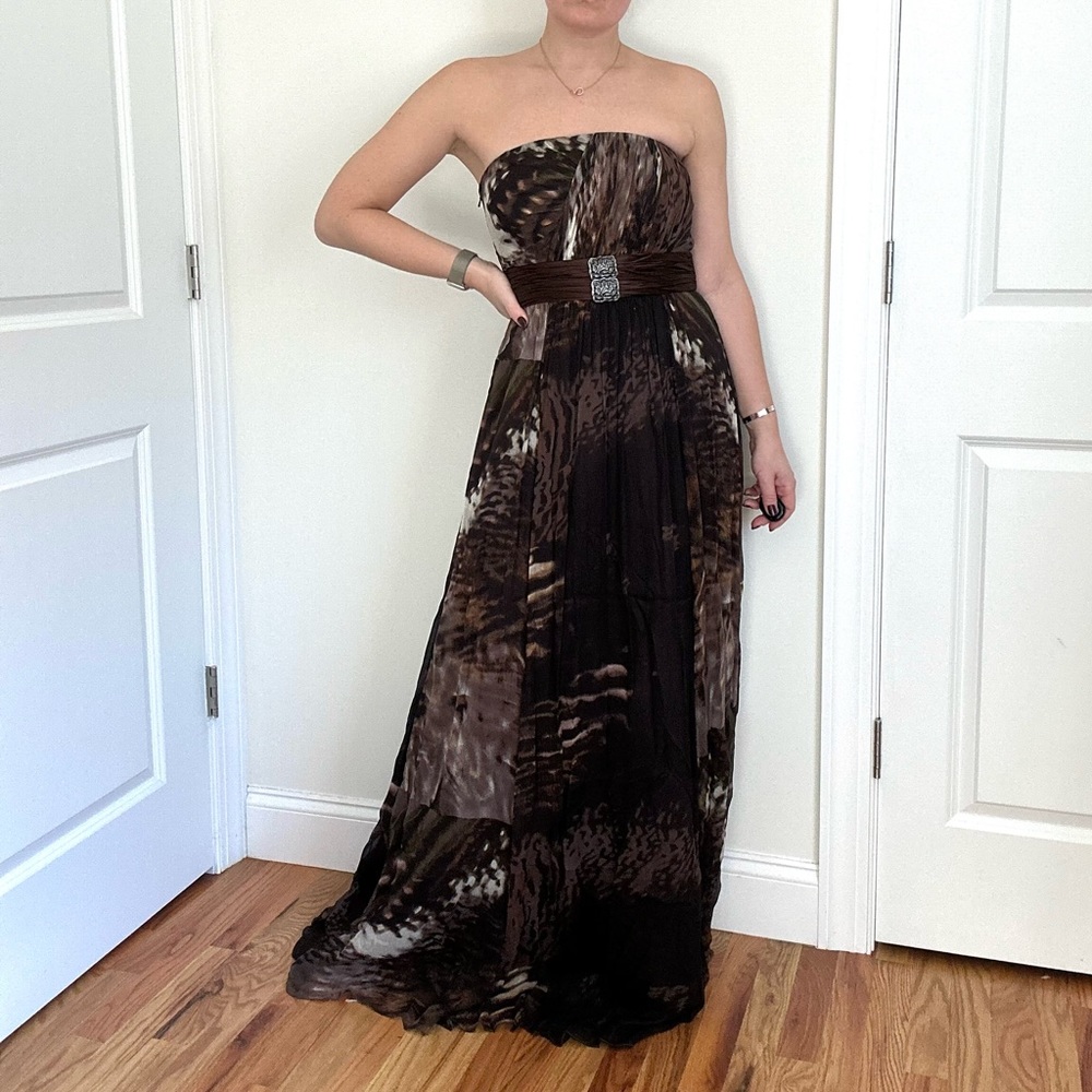 Designer Silk Bird Feather Print Strapless Evening Gown